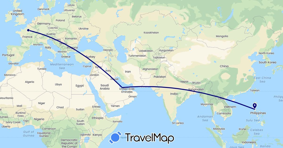 TravelMap itinerary: driving in France, Philippines, Qatar (Asia, Europe)